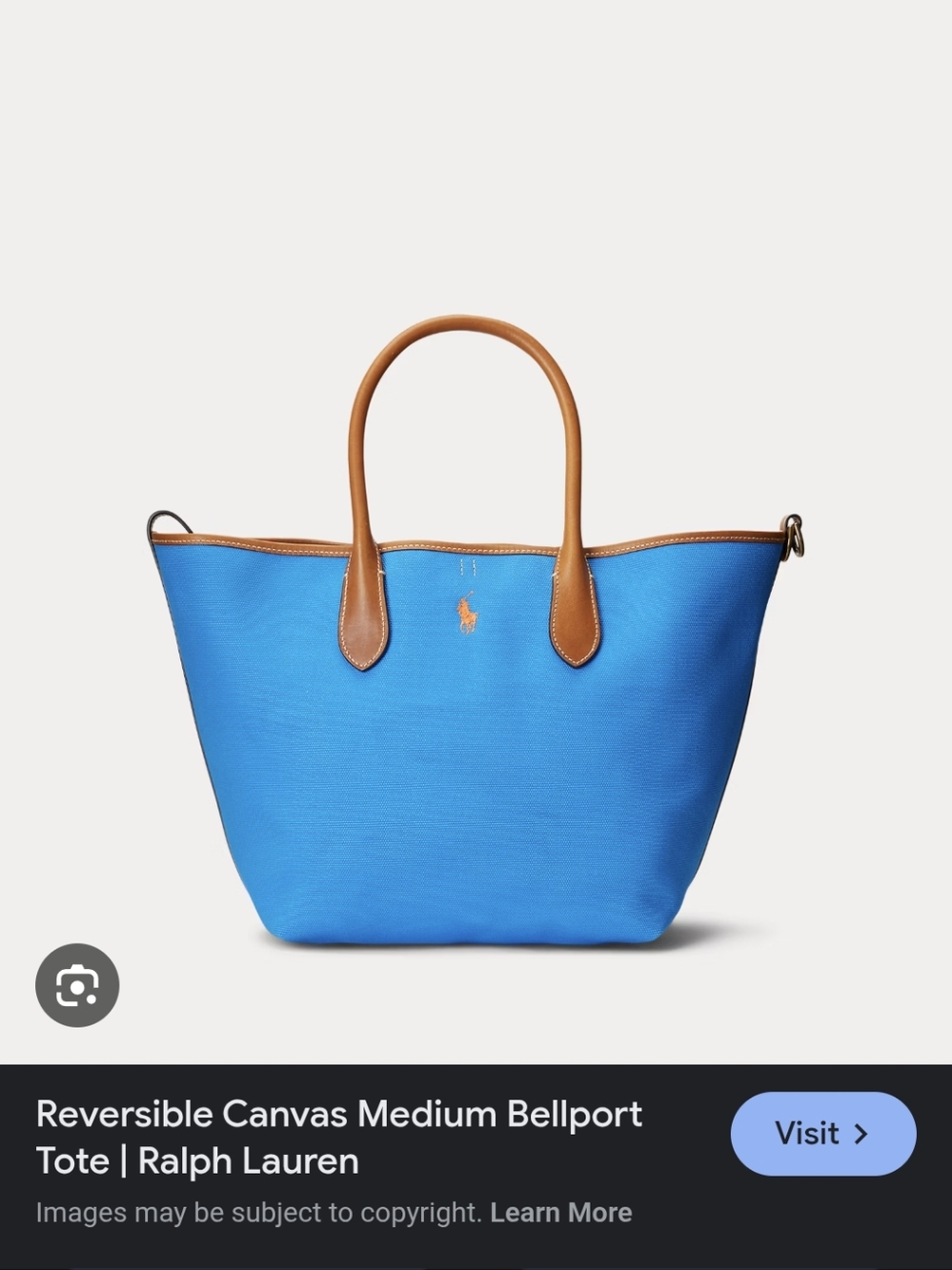 Ralph Lauren Bellport Reversible Turquoise Canvas Tote with Tan Leather Trim - Picture 2 of 6